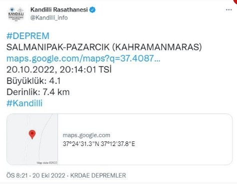 Kahramanmaraş'ta korkutan deprem! Çevre illerde de hissedildi: Kandilli AFAD 20 Ekim 2022 Deprem mi oldu, nerede, kaç şiddetinde?